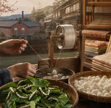 Traditional Japanese silk production showing silkworms, cocoons, and a spinning wheel by a heritage factory.