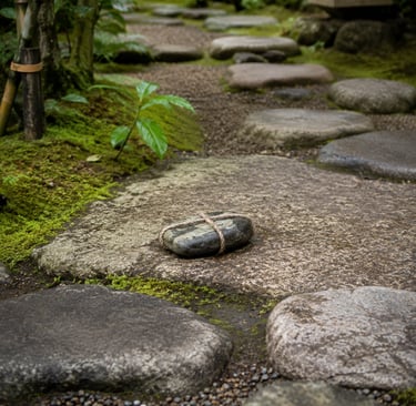A traditional Japanese sekimori ishi boundary stone sits on a stone garden path.