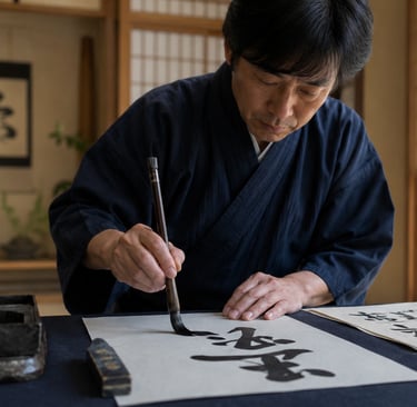 A Japanese calligrapher in traditional kimono practicing Shodo ink brush writing on paper.