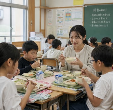 Japanese elementary students and teacher eating a healthy school lunch in a classroom.