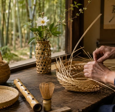 An artisan weaving a traditional Japanese bamboo basket by a window overlooking a bamboo forest.