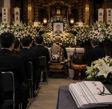 A traditional Japanese Buddhist funeral ceremony with a monk praying before an altar decorated with white lilies.