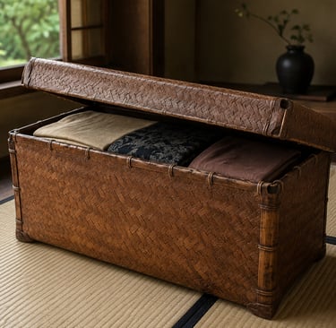 Woven bamboo storage trunk with folded textiles on a traditional Japanese tatami mat.