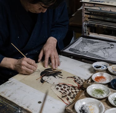 A Japanese artist carefully hand-painting a traditional Ukiyo-e woodblock print of a geisha.