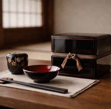 Traditionelle japanische Urushi-Lackarbeiten in einem ruhigen japanischen Innenraum: eine schwarze,