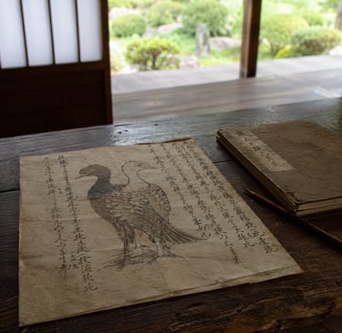 Antique Japanese manuscript with bird illustration on a wooden table overlooking a zen garden.