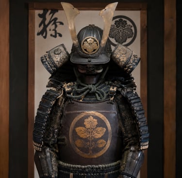 Antique Japanese samurai armor suit with ornate gold crests and traditional kabuto helmet.