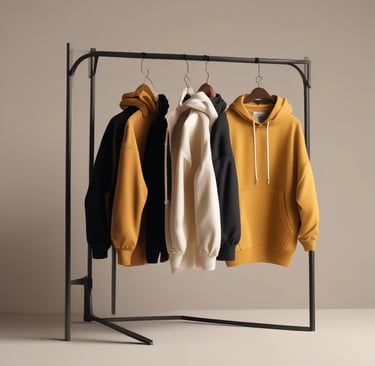An assortment of clothes is displayed in a shop setting. A denim jacket with a large patch featuring a whimsical cat design is prominent. Beside it, a mannequin is dressed in a yellow and black jacket with a maroon beanie. Multiple shirts and decorative items hang in the background.