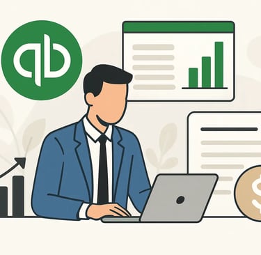 A businessman using a laptop for QuickBooks accounting with financial charts and dollar symbols.