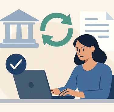 A woman using a laptop for online banking and digital document synchronization.