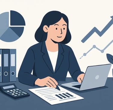 a woman sitting at a desk with a laptop and a calculator