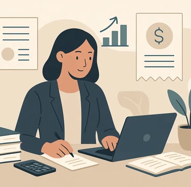 A professional woman analyzing financial data on a laptop while managing business accounting and growth charts.