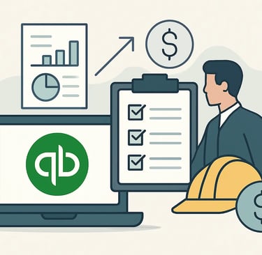 Project manager tracking construction costs and payroll using QuickBooks accounting software on a laptop.