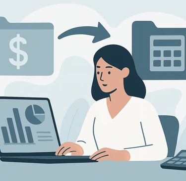 A woman managing business finances and data migration using a laptop with financial charts and digital folders.