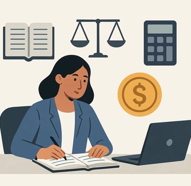 Professional woman accountant using a laptop with calculator and scales icons.