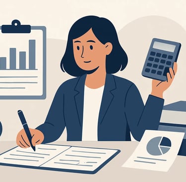 Professional female accountant managing financial budget with a calculator and data charts.