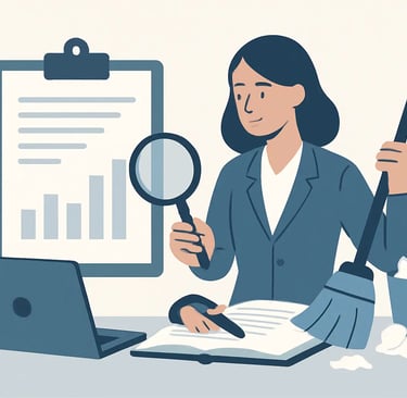 Professional woman performing data cleaning and audit using a magnifying glass and broom.