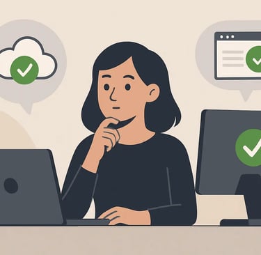 A woman working on a laptop and monitor with green check marks indicating successful cloud data backup.