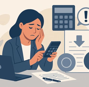 A stressed woman using a calculator and laptop for financial planning and debt management.