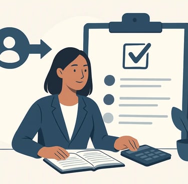 A professional woman performing a recruitment task with a checklist and candidate icon.