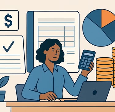 Professional accountant managing budget with a calculator, laptop, and financial data charts.