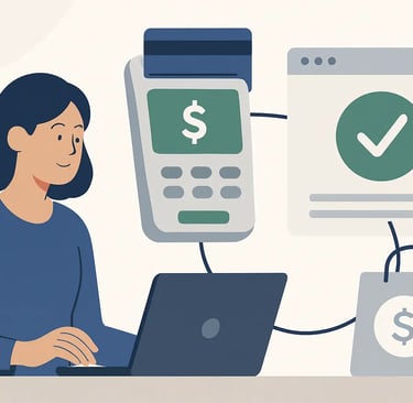 A woman using a laptop to complete a secure online payment with a digital card reader and shopping bag.