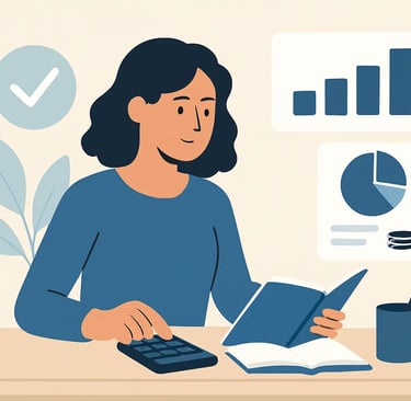 Professional accountant managing financial data with a calculator, notebook, and business charts.