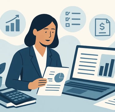 Professional woman analyzing business data reports and financial charts on a laptop and paper.