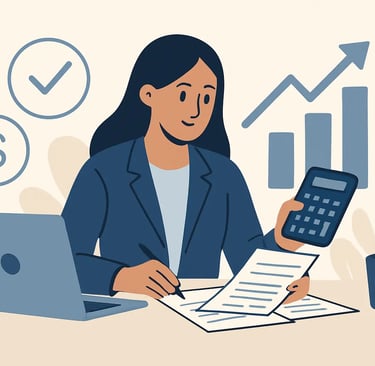 Professional woman performing financial analysis with a laptop, calculator, and growth charts.