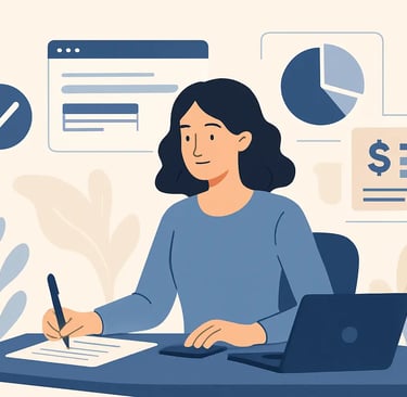 A woman managing business finances and data analysis with a laptop, charts, and reports.