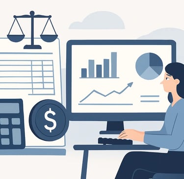 Accountant woman analyzing financial data and legal compliance on a computer with charts and scales.