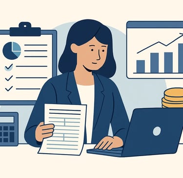 A female financial professional reviewing business growth charts and data reports on a laptop.