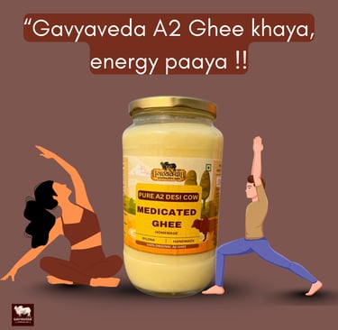 “Golden Gavyaveda A2 ghee highlighting its role in balancing bad cholesterol naturally.”
