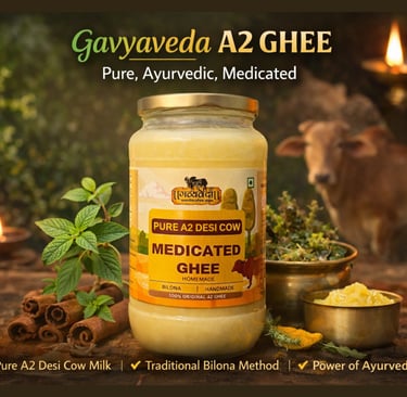 Pure Gavyaveda A2 ghee made using the traditional Bilona method, highlighting its premium quality, n