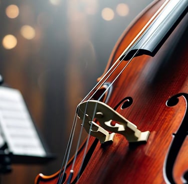 Close up of a cello with a concert hall in the background