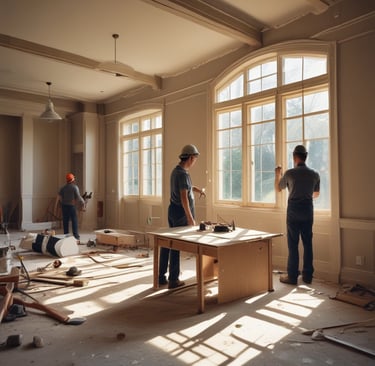 A cityscape with a real estate sign in the foreground, prominently displaying the name and phone number. Surrounding the sign are various buildings with different architectural styles, some with scaffolding and green netting. The scene features a mix of older, worn structures alongside modern glass-fronted buildings. Power lines and construction materials add to the urban complexity.