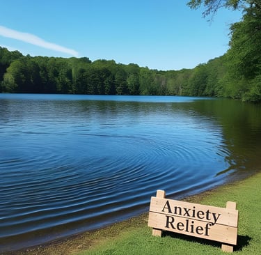 anxiety relief strategies, lake with sign: anxiety relief