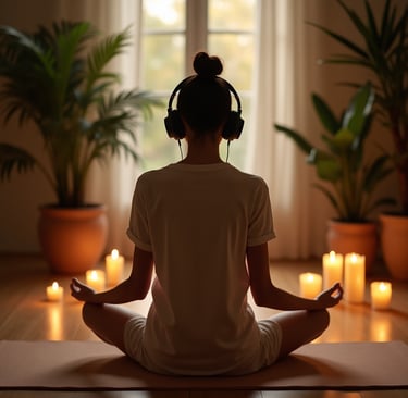 female meditating with sony headphones