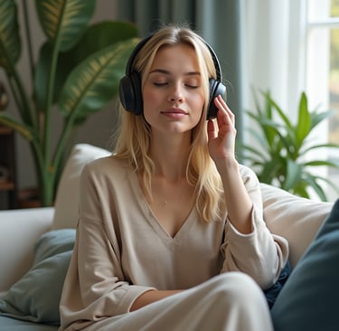 person a female relaxed at home in headphones