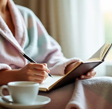 sunday self care reflecting journaling, person with journal, relaxed in robe with pen in hands