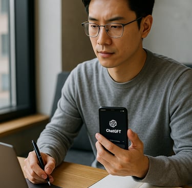 "AI 시대에 ChatGPT를 활용하여 생산성과 창의력을 높이는 한국 직장인의 모습"