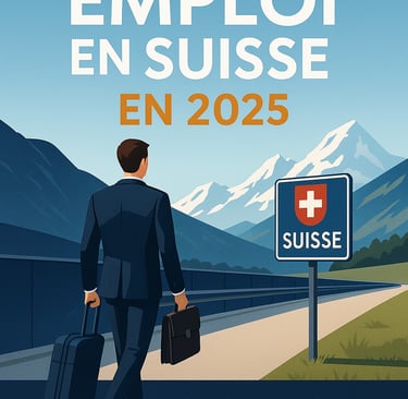 “Trouver un emploi en Suisse en 2025” — illustration d’un expatrié en costume traverse la frontière 