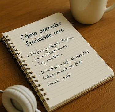 Estudiante aprendiendo francés desde casa con un cuaderno y audios en francés
