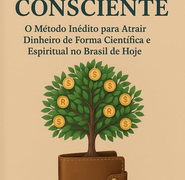 Capa do e-book "Riqueza Consciente" com ilustração de uma árvore de moedas crescendo em uma carteira