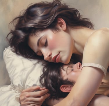 a woman is hugging on a partner in a bed