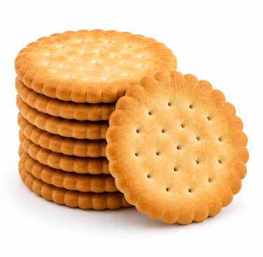 A stack of golden brown round butter biscuits with one leaned against the side on a white background.