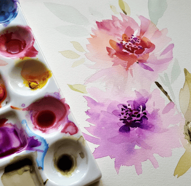 watercolour flower loose painting with mixing tray