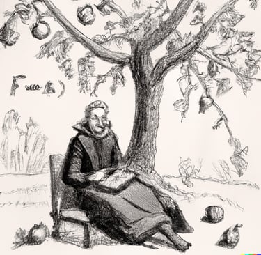 Isaac Newton Sits below an apple tree as he is about to discover wavity