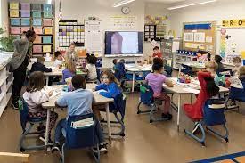 Classroom with small groups of students working at round tables during a math centers activity, guid