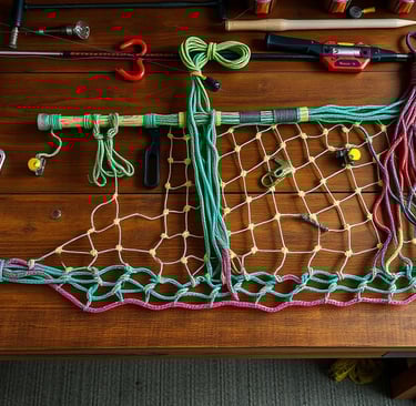 a fishing net using colorful paracord, with detailed knots and techniques
